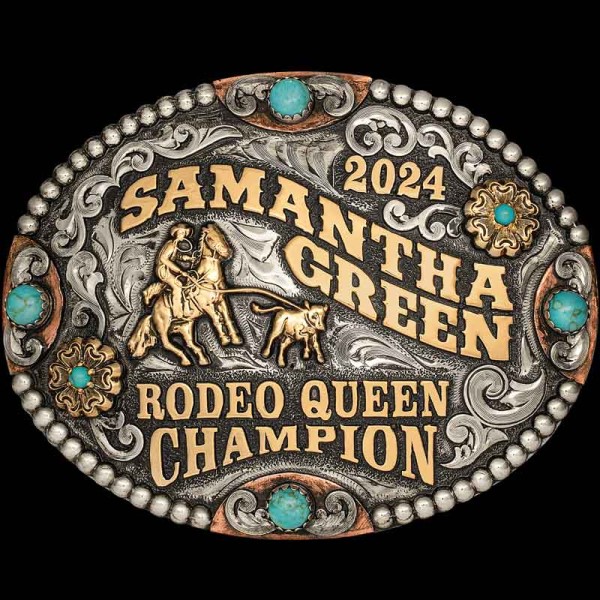 The Boerne Custom Belt Buckle is the perfect Rodeo Queen Belt Buckle! This classic western oval buckle features hand engraved silver base and turquoise stones. Customize it with your logo or western figure!